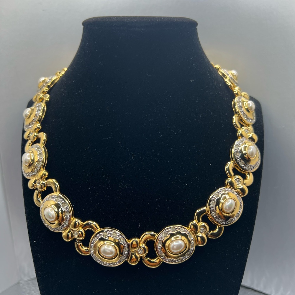 Nina Ricci Gold Tone Pearl Necklace with crystals.